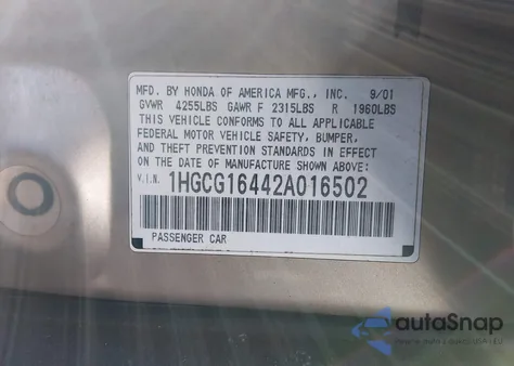 2002 Honda Accord 3.0 Lx from USA, damaged, VIN 1HGCG16442A016502